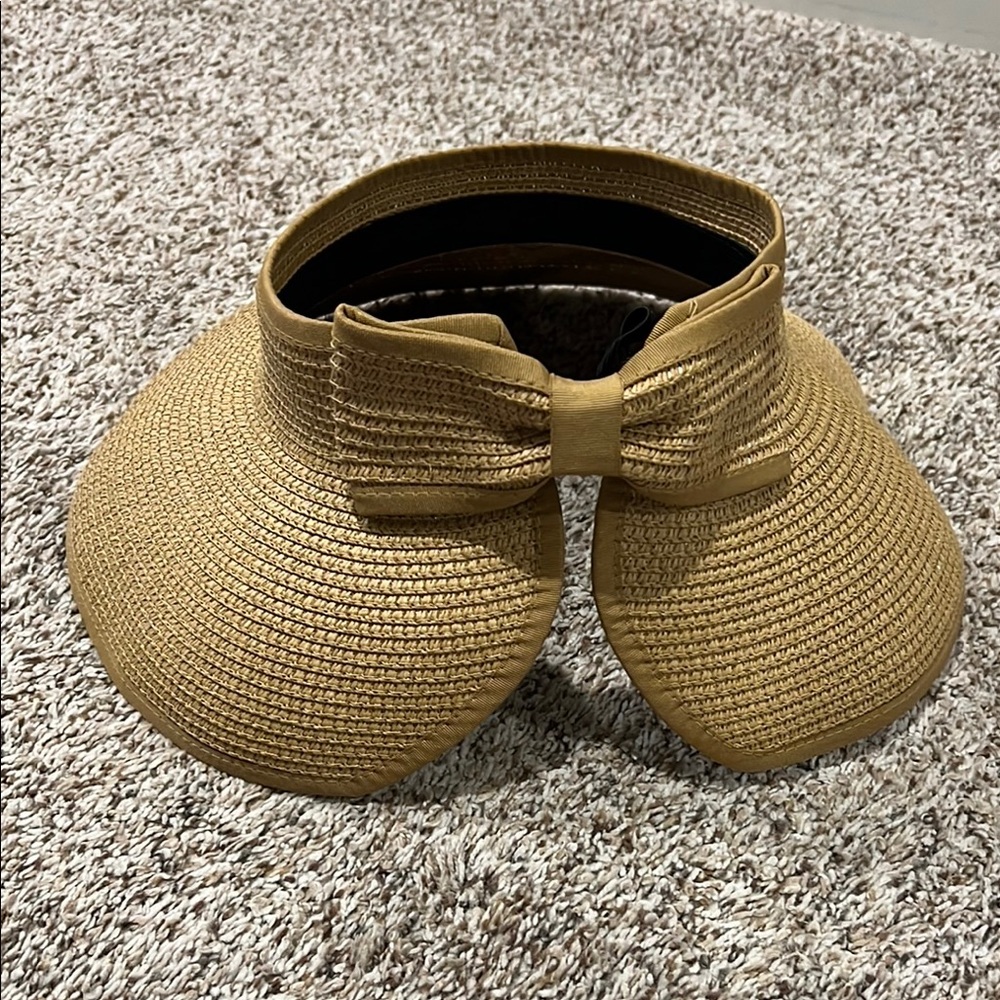 Stylish Tan Straw Visor with Bow